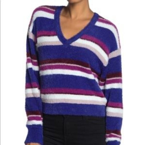 SPLENDID V Neck Eyelash Fuzzy Purple Striped Sweater  ~ L - Picture 14 of 14